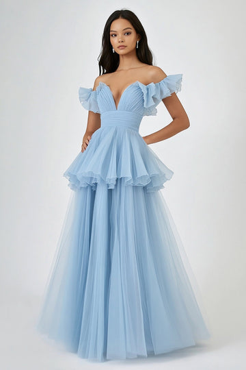 Sky Blue Off The Shoulder Ruched A Line Tiered Formal Dress